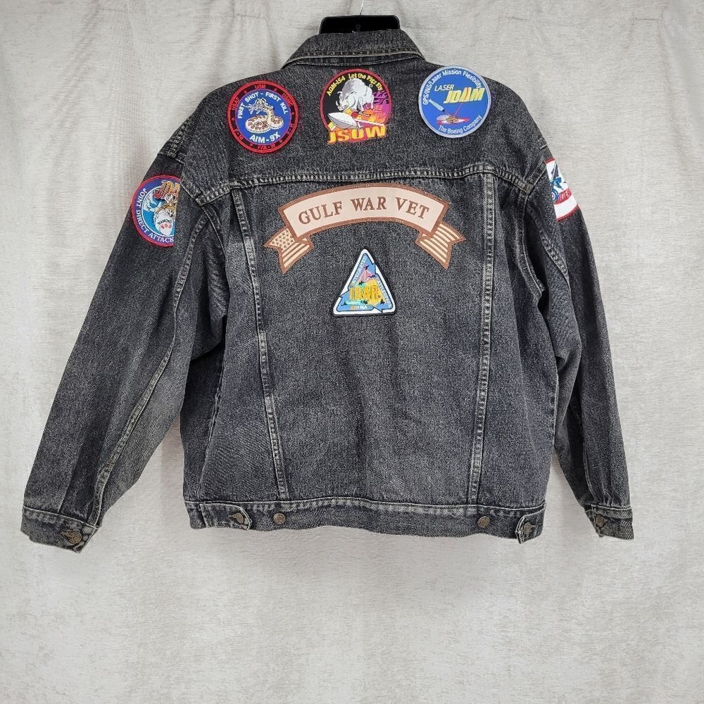 Traffic Vintage Black Denim Trucker Jacket Gulf War Vet Patches POW*MIA War